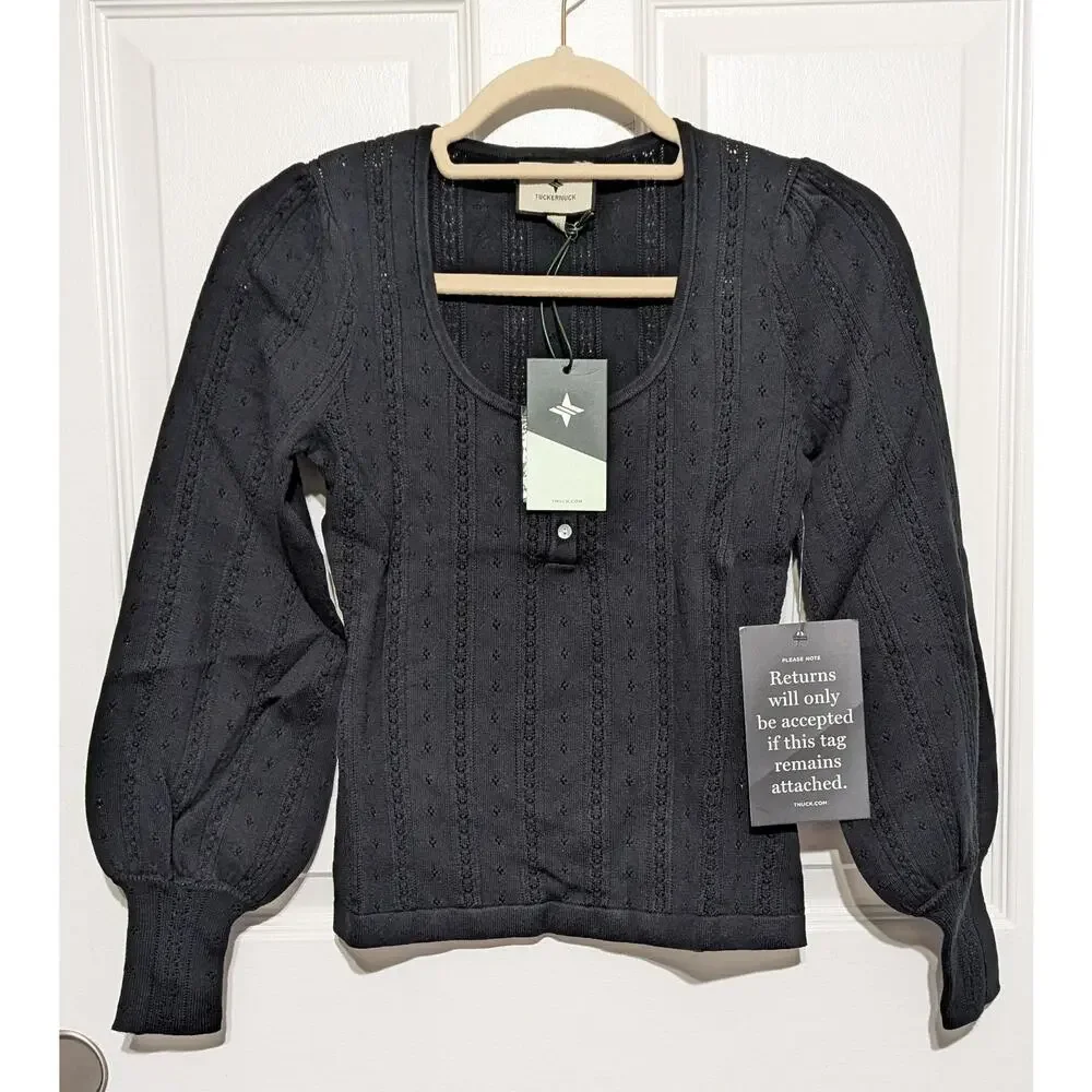 Tuckernuck Sweater Womens XS Black Open Knit Scoop Henley Puff Sleeve Top NWT